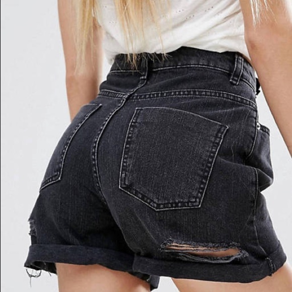 ASOS Denim High Waisted Mom Shorts in Washed Black With Bum Rips - Picture 1 of 7